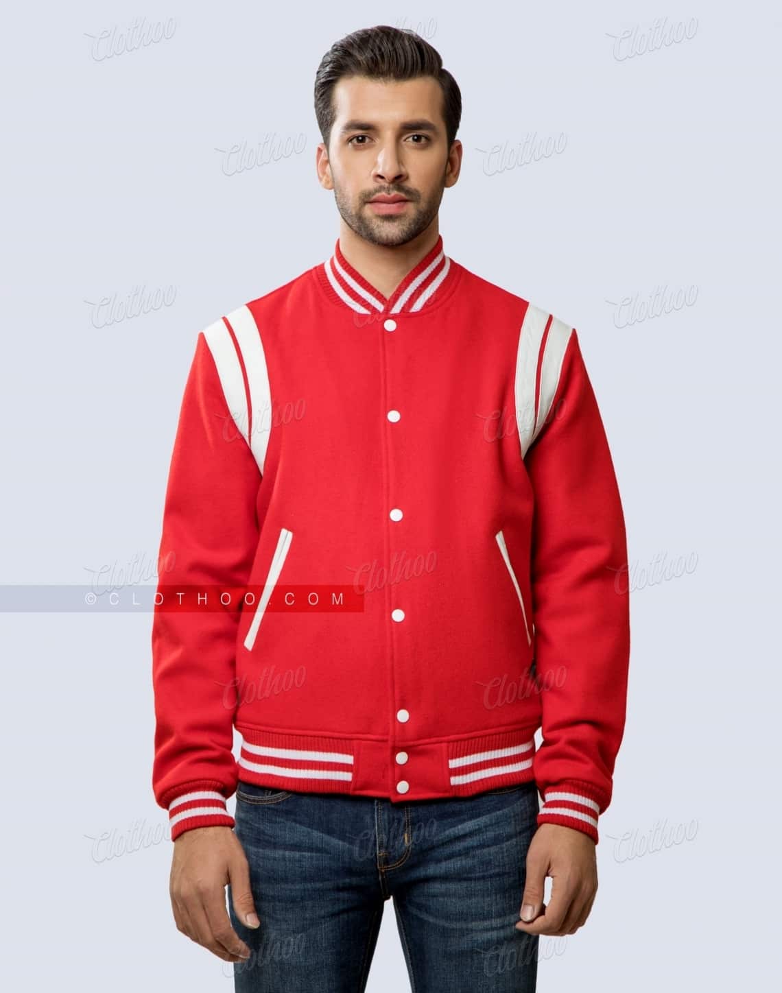 Red Stylish Varsity Jacket with White Shoulder Inserts