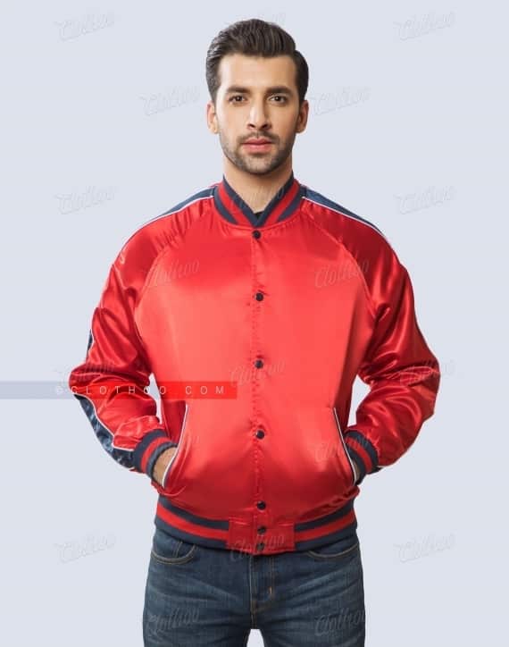 Sleeves Striped Satin Jacket in Letterman Style