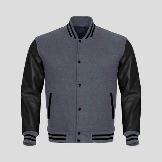 Black Faux Leather Sleeves grey Wool Varsity Jacket