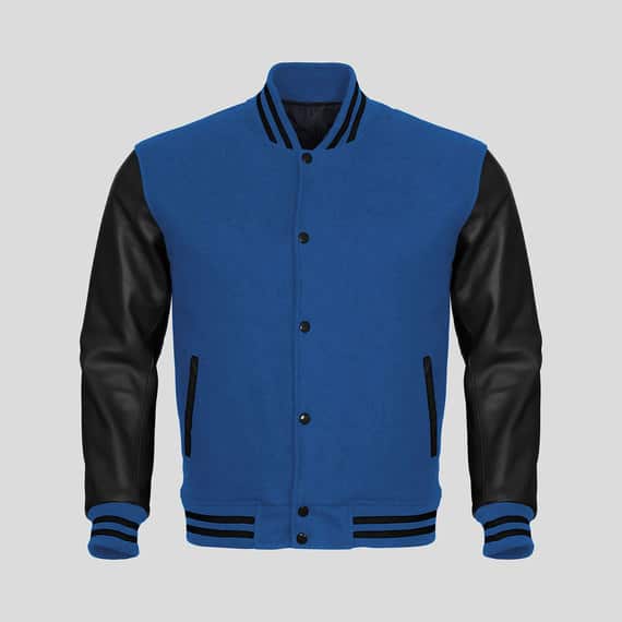 Black Faux Leather Sleeves Blue Wool Varsity Jacket