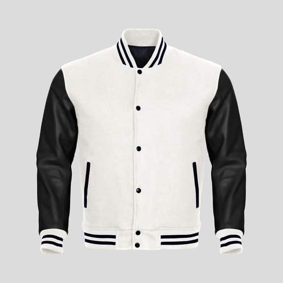 Black Faux Leather Sleeves White Wool Varsity Jacket